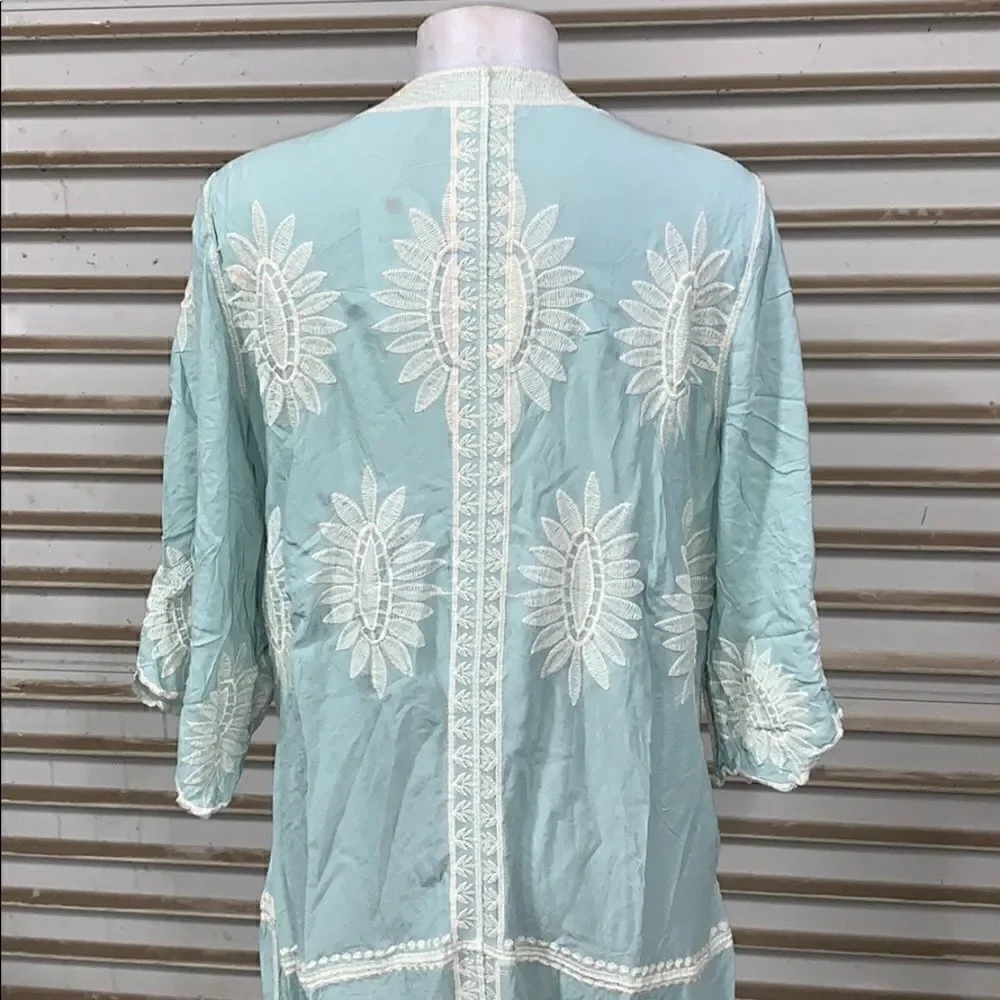 Long Sage kimono long sleeve tie front embroidery